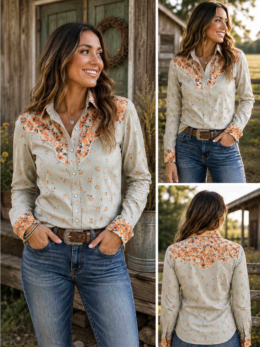 Wrangler light sage green Button-Down Shirt with Orange Floral Yoke